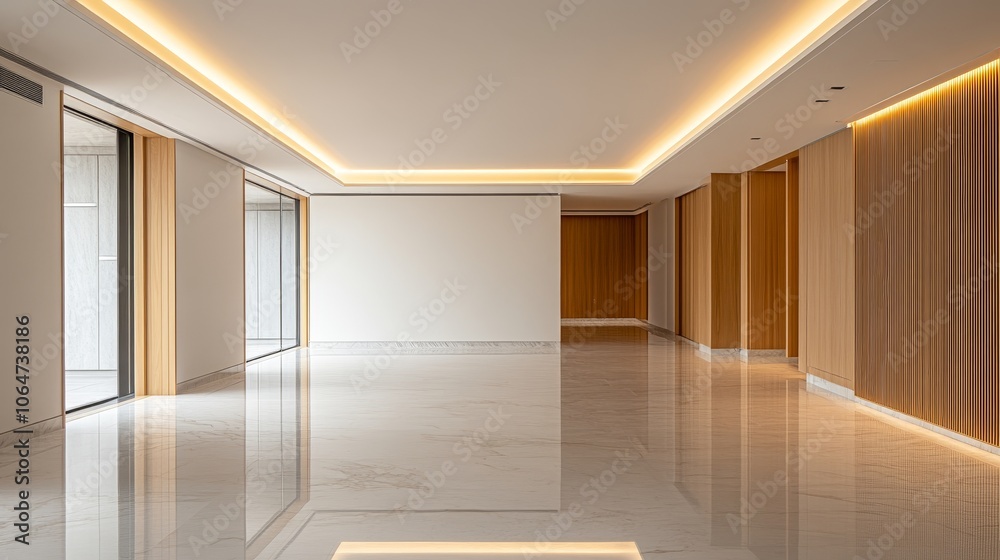 A spacious, modern interior with sleek design and warm lighting.