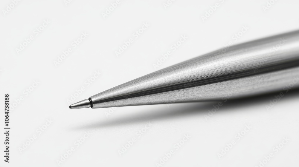 A metal pen, shown close-up, is resting on a white background. The focus is on the very end of the pen's point. A metal pen, shown close-up, is resting on a white background. The focus is on the very end of the pen's point.
