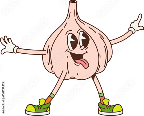 Cartoon groovy garlic vegetable character with cheerful expression and sticking tongue embodies a playful and energetic retro vibes. Isolated vector garden plant personage dances with happy smile