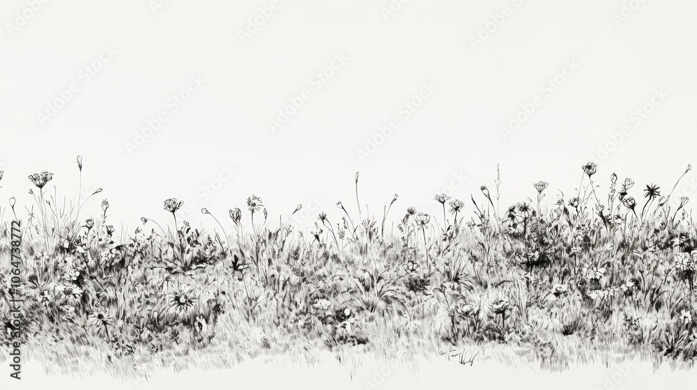Obraz premium Hand-drawn meadow with wildflowers and open grassland evoking tranquility in black ink on a white background
