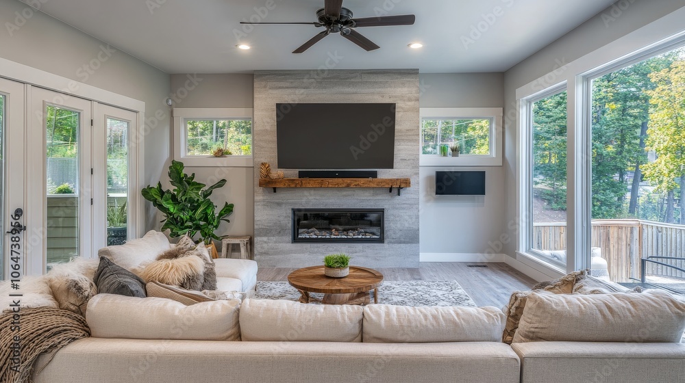 Fototapeta premium A modern home with a stylish living room featuring a comfortable couch and a TV.