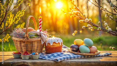 Decorative Easter celebration in Ukraine featuring candles, ornamental towels, and beautifully colored eggs