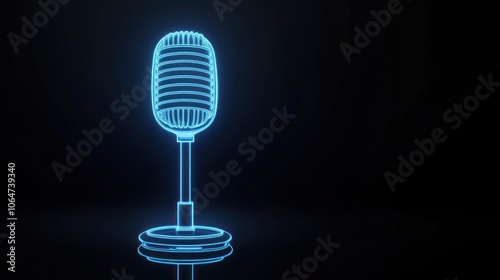 Simple blue neon microphone icon on black background, symbolizing podcast income generation, minimalistic design, podcast monetization