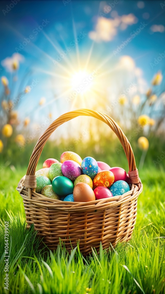 A wicker basket filled with colorful Easter eggs resting on lush green grass under a sunny sky