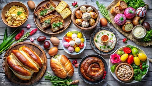 Traditional Easter feast featuring colorful dishes and baked goods arranged beautifully on a wooden table
