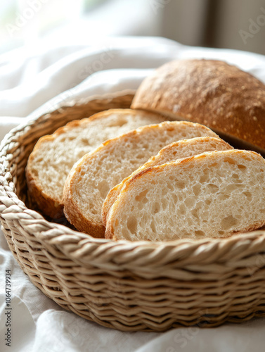 Slices of bread in a woven basket on a table.