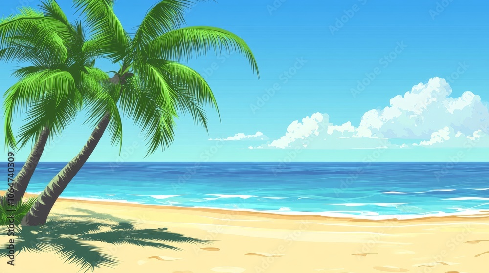 A serene beach scene with palm trees and calm ocean waves under a clear blue sky. A serene beach scene with palm trees and calm ocean waves under a clear blue sky.