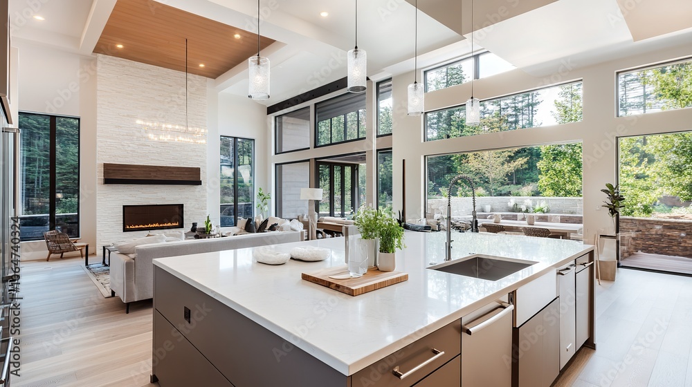 Modern kitchen and living room adjoining it feature contemporary furniture and large windows that let in plenty of natural light