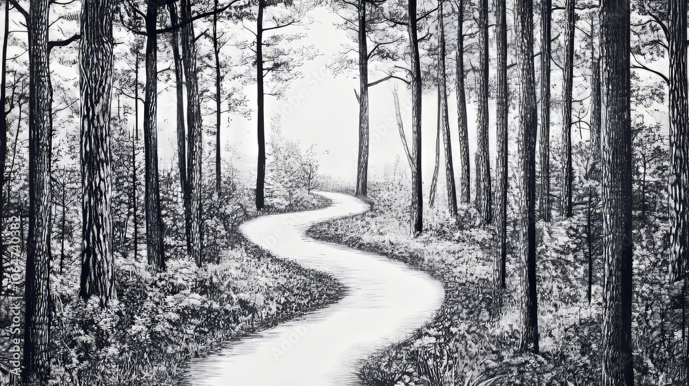 Fototapeta premium Hand-drawn woodland path winding through tall trees inviting peaceful exploration in black on white