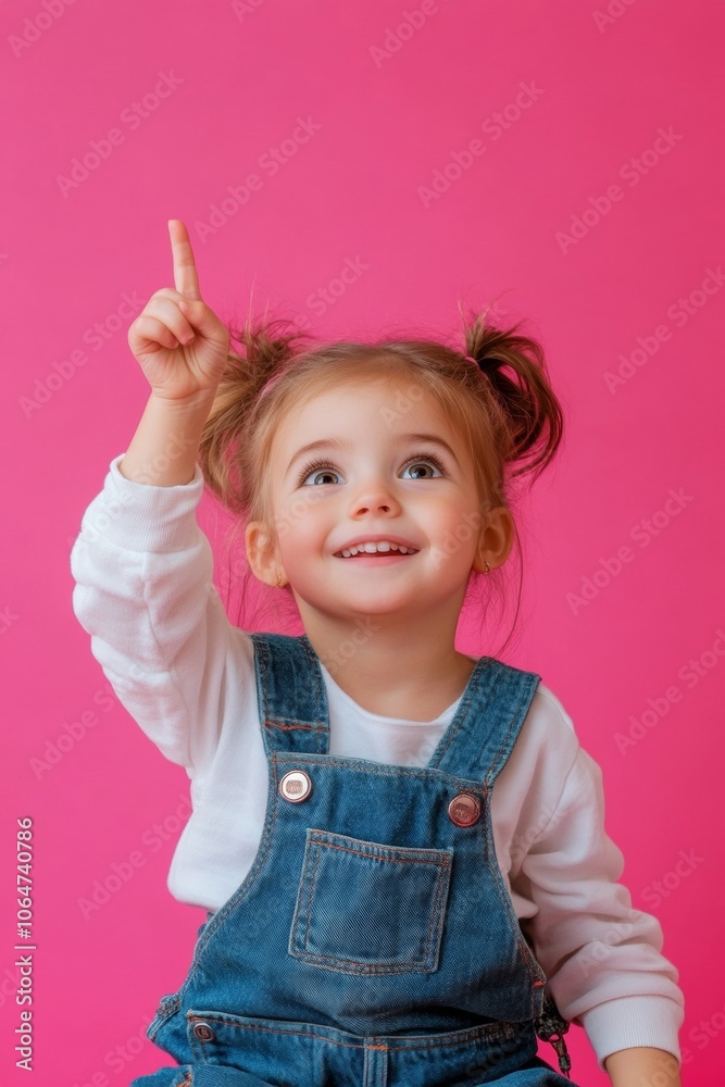 A happy little girl dressed in denim overalls smiles brightly, raising her finger to point upward as if celebrating a joyful thought in front of a pink backdrop. With copy space for text. A happy little girl dressed in denim overalls smiles brightly, raising her finger to point upward as if celebrating a joyful thought in front of a pink backdrop. With copy space for text.