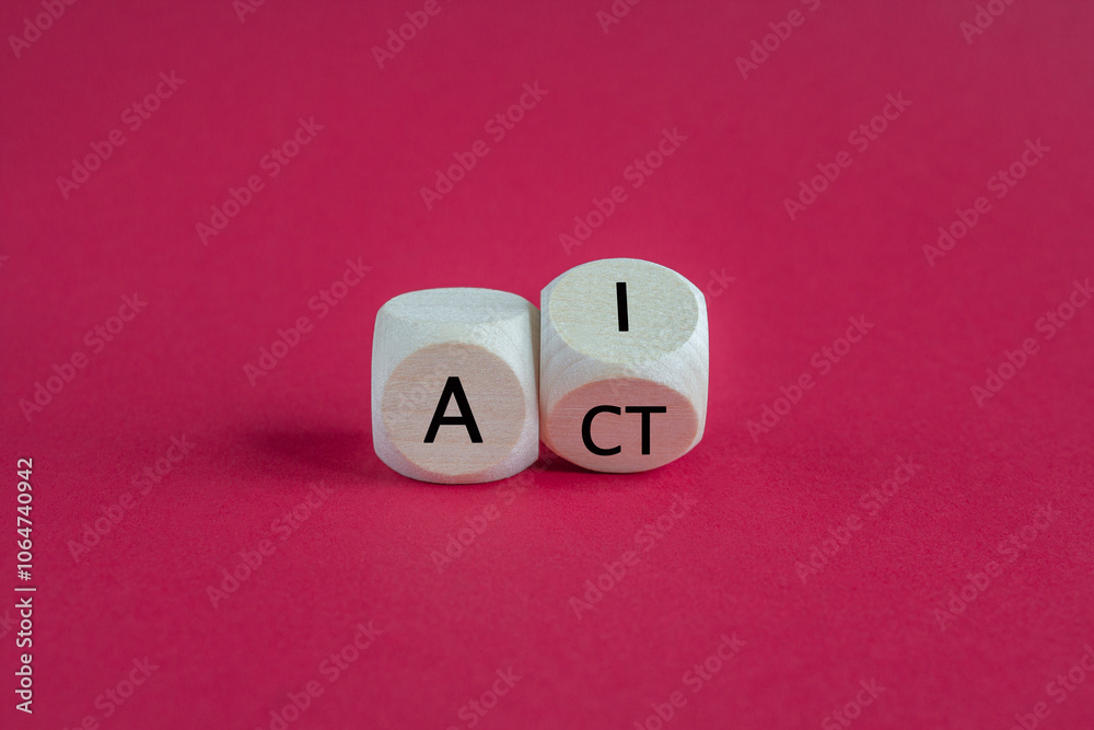 Turned a cube and form the expression 'ai act'. Symbol for the AI act of the European Union. Beautiful red background. Business concept.