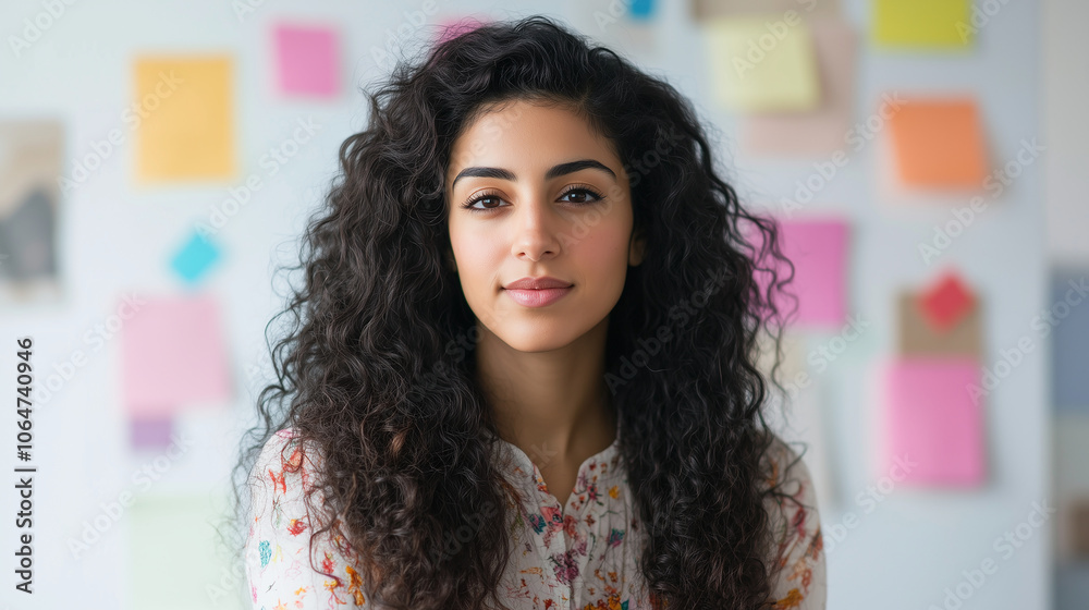 Obraz premium Kobieta, która jest utalentowaną projektantką graficzną. Jej długie, kręcone włosy delikatnie opadają na ramiona, a w jej oczach widać zaangażowanie w twórczość.