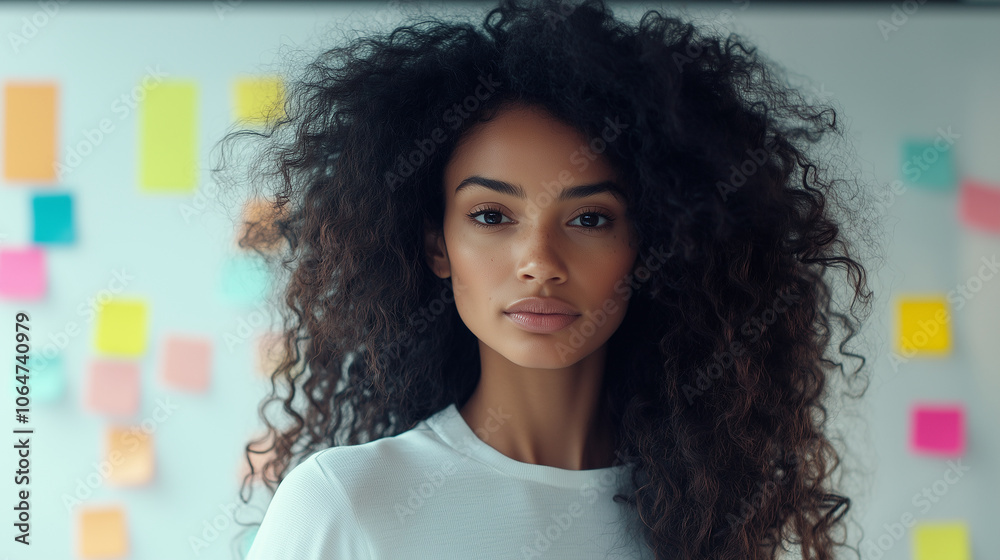 Fototapeta premium Kobieta, która jest utalentowaną projektantką graficzną. Jej długie, kręcone włosy delikatnie opadają na ramiona, a w jej oczach widać zaangażowanie w twórczość.