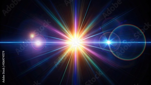 Realistic optical lens flare against a black background, lens flare, sunlight, light effect, photography, bokeh, natural