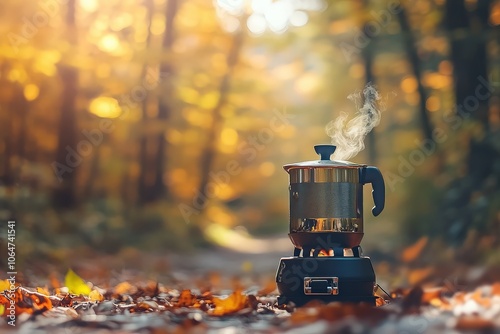 Campers Boiling Water in Autumn Forest