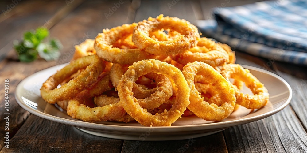Crispy golden fried onion rings on a plate , appetizer, snack, deep fried, crunchy, comfort food, gourmet, delicious, fast food, onion Crispy golden fried onion rings on a plate , appetizer, snack, deep fried, crunchy, comfort food, gourmet, delicious, fast food, onion