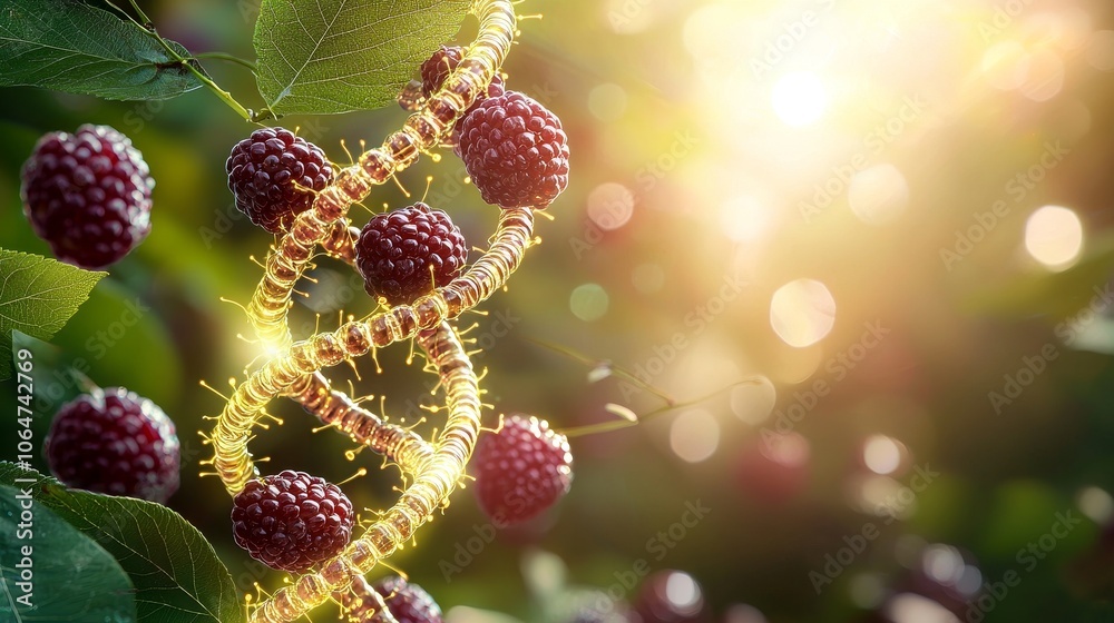 Glowing DNA helix embedded in a ripe mulberry, highlighting genetic research, intricate molecular light patterns, soft focus background Glowing DNA helix embedded in a ripe mulberry, highlighting genetic research, intricate molecular light patterns, soft focus background