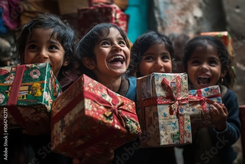 Children gleefully unveil presents filled with toys and necessities, embodying the essence of generosity and togetherness. photo