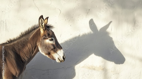 A donkey stands quietly next to a weathered wall, its silhouette prominently displayed as an expressive shadow on the surface, capturing a moment of tranquility in nature photo