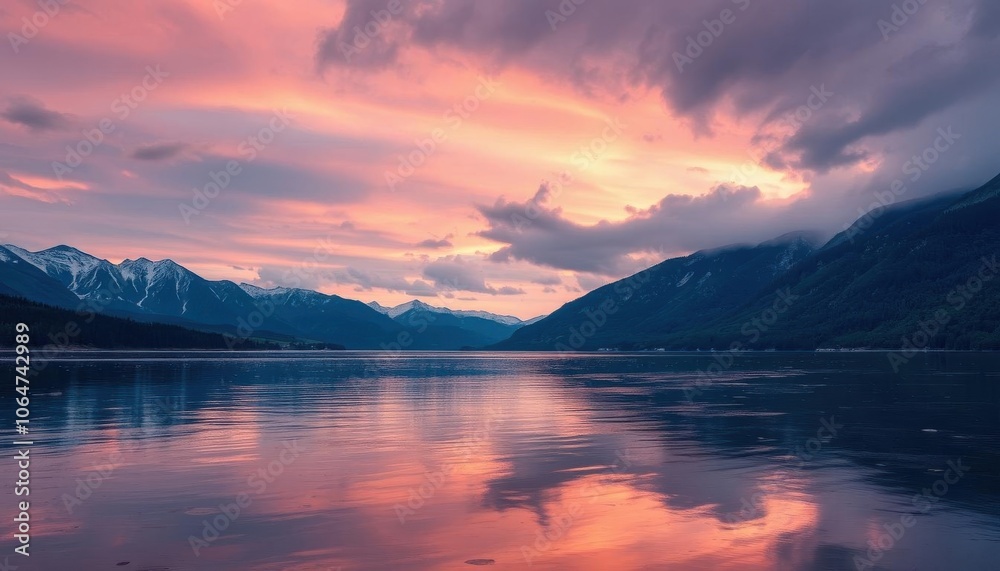 a view of a lake with mountains in the background at sunset a view of a lake with mountains in the background at sunset