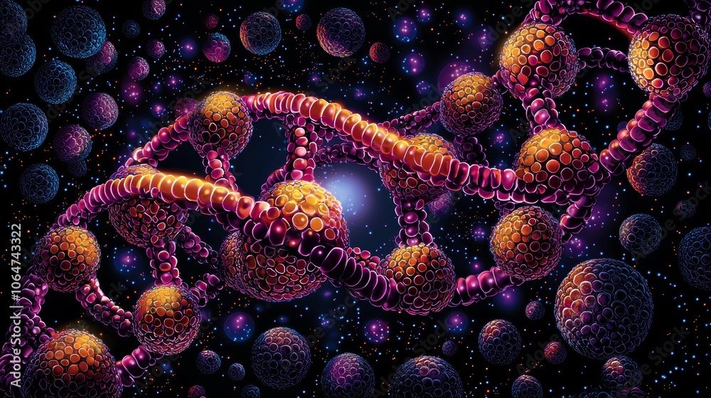 Obraz premium Vivid DNA helix with intricate twisting strands, symbolizing genetic modification of fruit, detailed molecular textures, futuristic scientific design