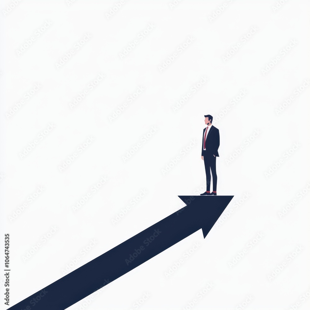 Fototapeta premium Man standing on an upward arrow, symbolizing growth and success.