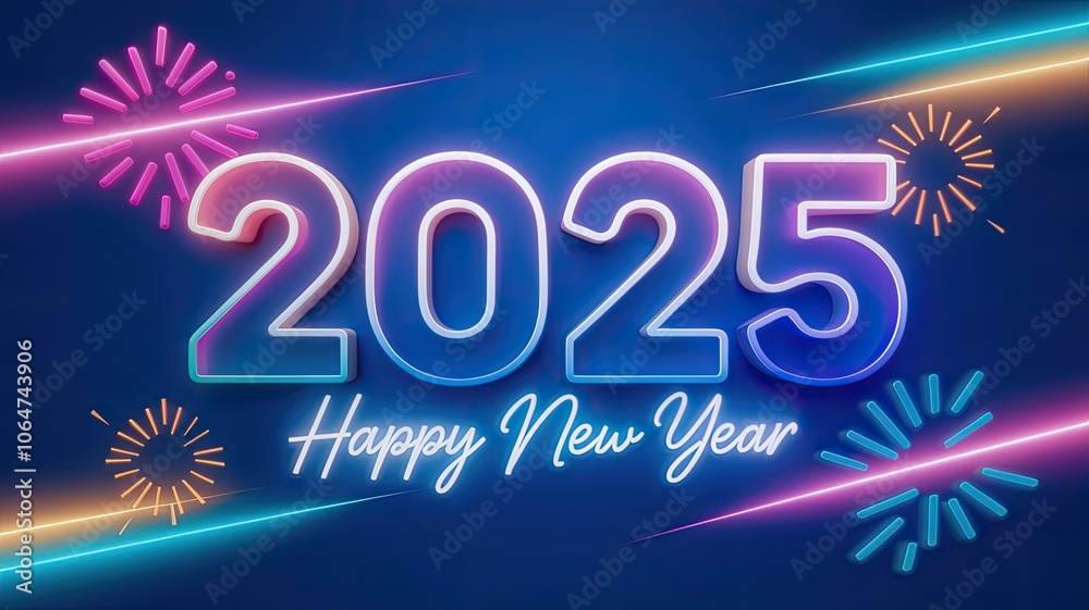 2025 Happy New Year neon sign with colorful fireworks on a blue background. 2025 Happy New Year neon sign with colorful fireworks on a blue background.