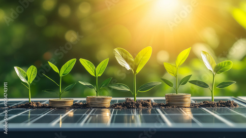 Plants growing on stacks of coins on a solar panel symbolize return on investment in renewable energy and sustainable development