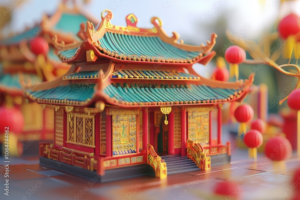 Fototapeta premium 3D three-dimensional style, Chinese New Year temple fair scene, no characters, C4D three-dimensional style, the overall picture is transparent and bright, fresh and bright colors, with generative ai