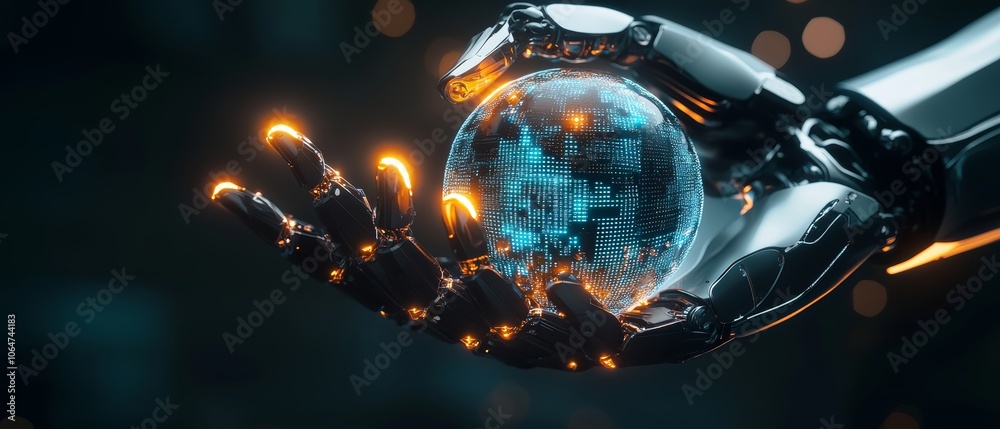 Sleek robotic hand grasping a virtual data sphere with glowing elements symbolizing control over digital information Sleek robotic hand grasping a virtual data sphere with glowing elements symbolizing control over digital information