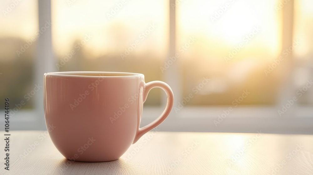 Pink mug on a table with sunlight streaming through a window. Pink mug on a table with sunlight streaming through a window.