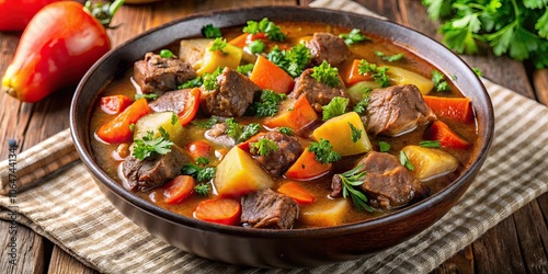 Hearty beef stew with tender meat, vibrant vegetables, and aromatic parsley, beef stew, wholesome