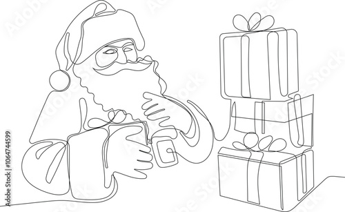 Outlined Cute Santa Claus Cartoon Character With A Sack Full Of Gifts. Vector Hand Drawn Illustration. One continuous line drawing Santa Claus on reindeer and sled. concept for Christmas and New Year