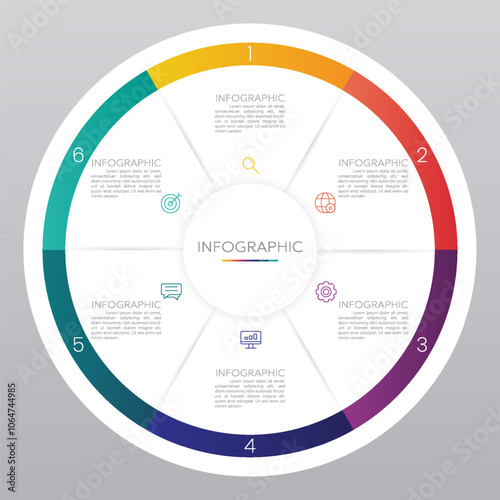 Circle chart infographic template with 6 options for presentations