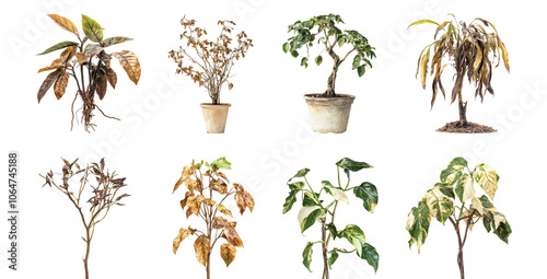 Pack of Dead houseplant set against transparent background for discussions on plant care, gardening issues, or environmental themes