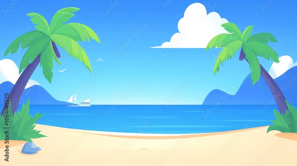 A serene beach scene with palm trees, mountains, and a sailboat under a clear blue sky. A serene beach scene with palm trees, mountains, and a sailboat under a clear blue sky.