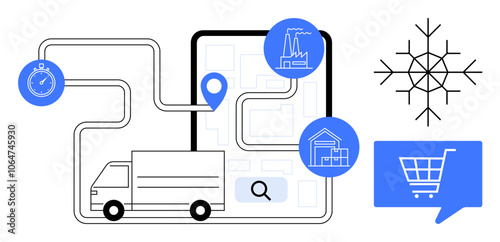 Delivery truck following route on tablet with factory, warehouse. Blue shopping cart icon, snowflake symbol. Ideal for logistics management, supply chain, delivery services, e-commerce, route