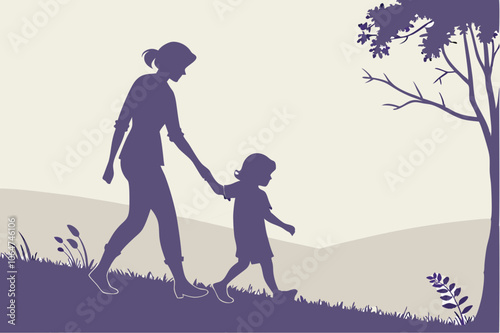 Mother and Child Walking Silhouette Vector