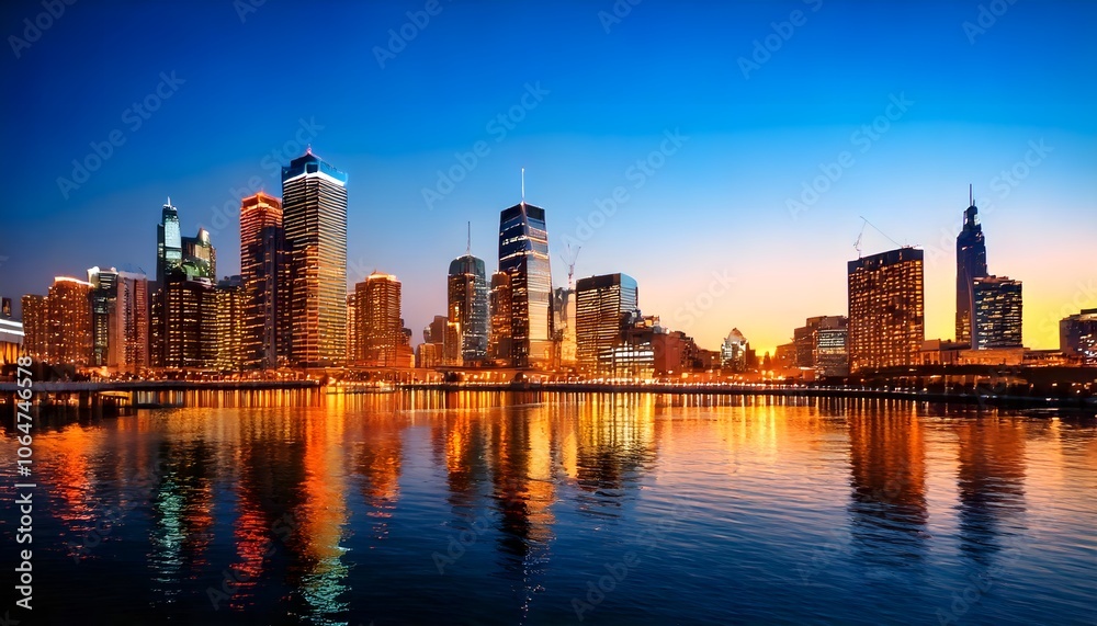 Fototapeta premium Vibrant city skylines at dusk with skyscraper and building lit up in warm tones against.