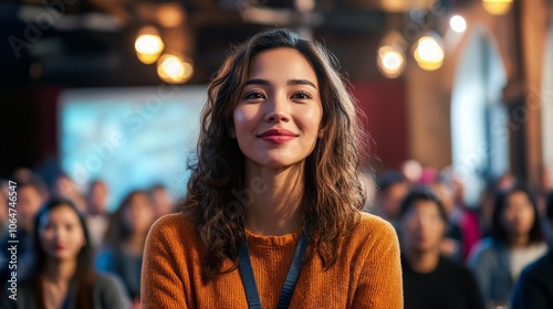 A confident young woman smiles at an event, surrounded by an engaged audience in a warm, inviting atmosphere.