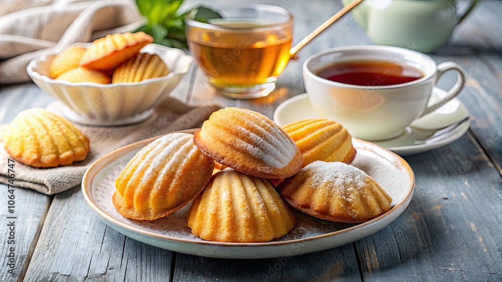 Delicate Madeleine cakes served with tea and honey for breakfast , French pastry, dessert, sweet, delicious, tea time Delicate Madeleine cakes served with tea and honey for breakfast , French pastry, dessert, sweet, delicious, tea time