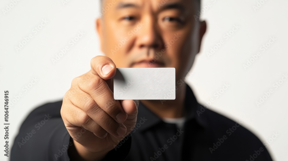 A middle-aged Asian man displays a high-detail insurance card mockup in his hand A middle-aged Asian man displays a high-detail insurance card mockup in his hand