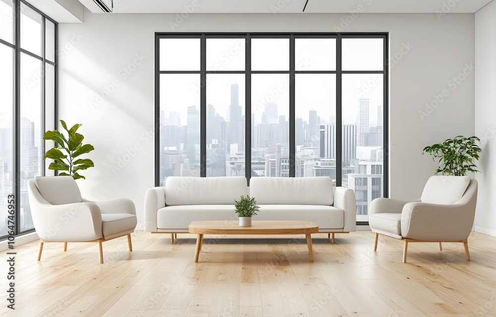 Fototapeta premium White Sofa and Armchairs in a Modern Living Room with City View