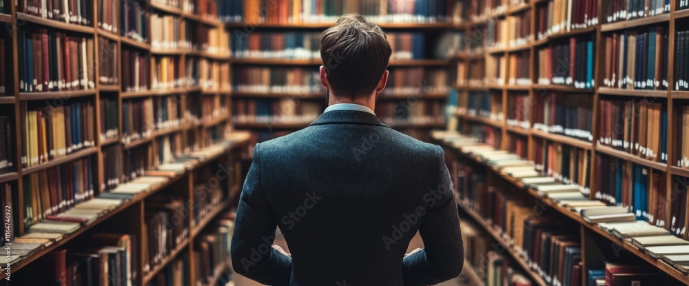 An individual stands in a vast library, surrounded by towering shelves packed with books, contemplating their next read in a tranquil setting An individual stands in a vast library, surrounded by towering shelves packed with books, contemplating their next read in a tranquil setting