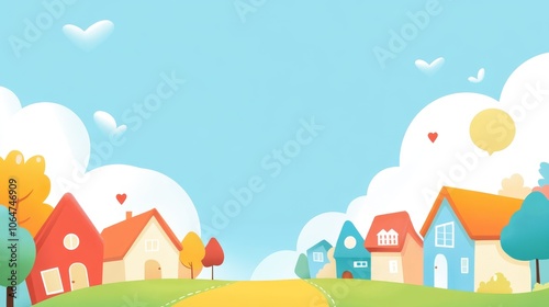 A colorful, whimsical neighborhood scene with houses, trees, and a bright sky.