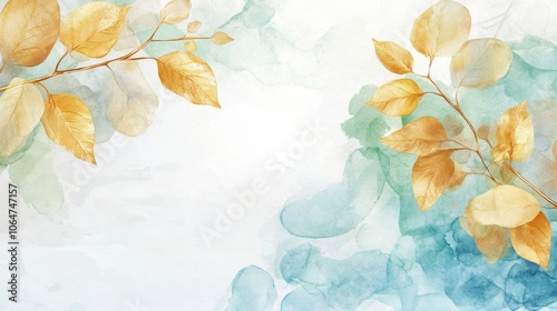 Modern golden cherry leaf wall art on a white banner with soft blue and green watercolor stains creating an elegant background
