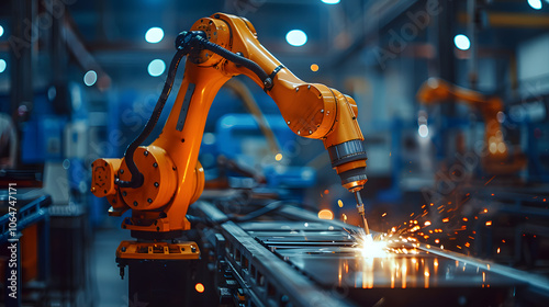 Engineer check and control welding robotics automatic arms machine in factory automotive industrial. Digital manufacturing operation