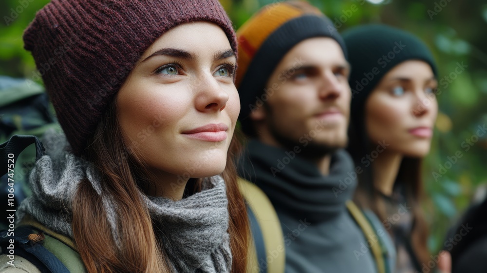 Three hikers, dressed warmly, gaze thoughtfully into the distance amidst a lush green forest, embodying adventure and exploration. Three hikers, dressed warmly, gaze thoughtfully into the distance amidst a lush green forest, embodying adventure and exploration.