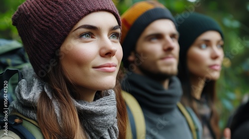 Three hikers, dressed warmly, gaze thoughtfully into the distance amidst a lush green forest, embodying adventure and exploration.