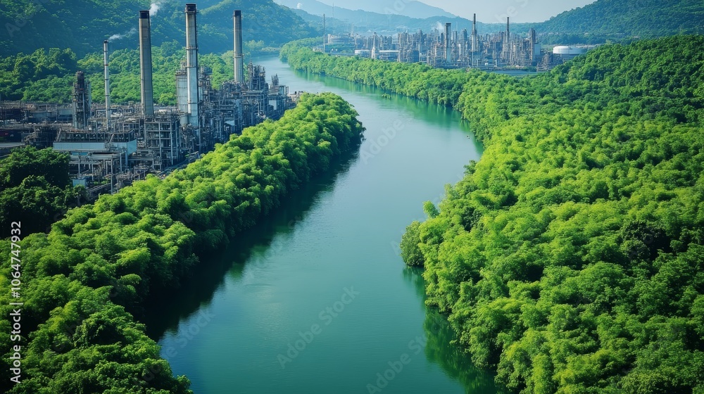 A river with factories on one side and lush greenery on the other representing choices between profit and preservation A river with factories on one side and lush greenery on the other representing choices between profit and preservation